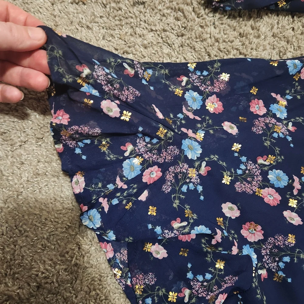 Girls' Navy Floral Long-Sleeve Casual Dress with Pink & Light Blue Flowers